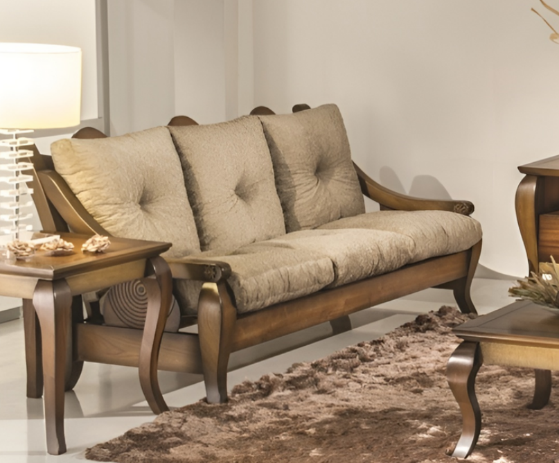 Sofá 3 Lugares Exclusive Madeira Maciça Amêndoa/Suede Marrom 87 cm x 192 cm x 65 cm